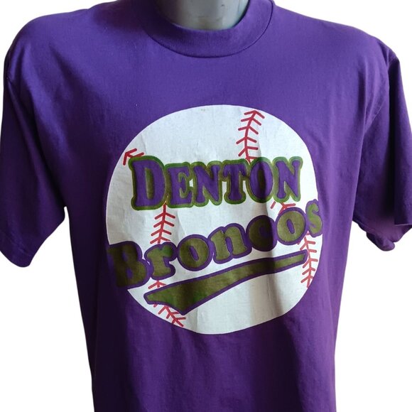 Vintage T-shirt Large Single Stitch Texas Baseball Tee Denton Broncos Purple L - Picture 1 of 5